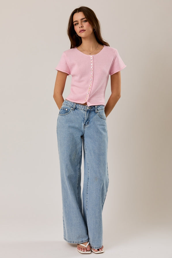 Le Lis Round Neck Button Down Top