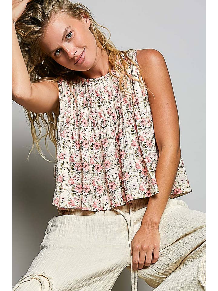 POL Pintuck Floral Sleeveless Top