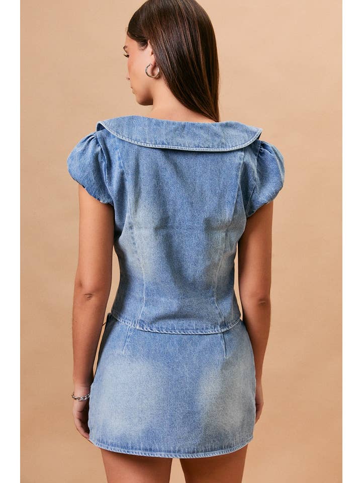 Le Lis Cap Sleeve Collard Denim Top
