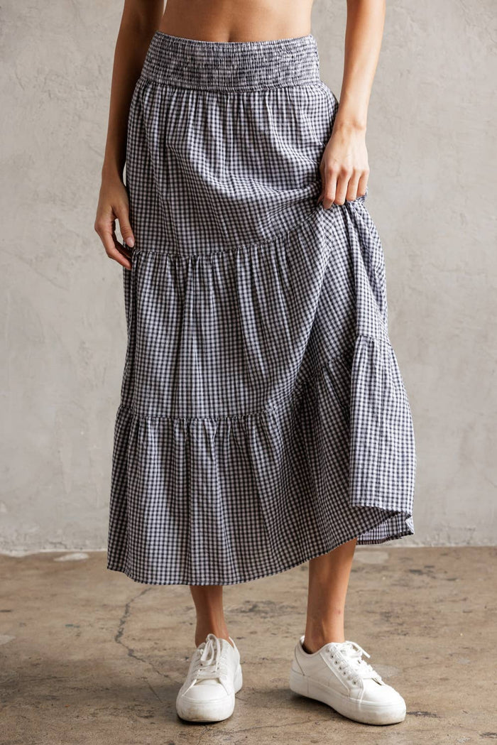 Storia Tiered Gingham Midi Skirt