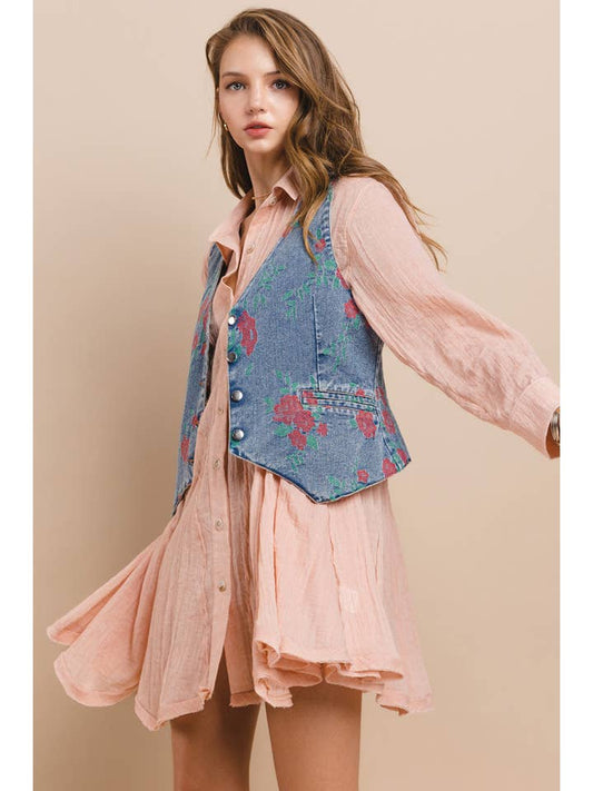 Wisteria Lane Vintage Floral Embroidered Denim Vest
