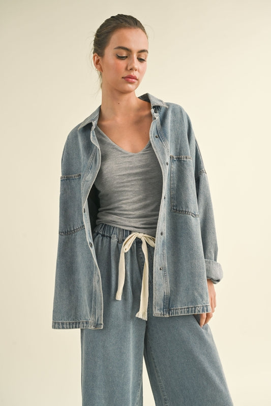 Miou Muse Washed Snap Button Denim Shacket