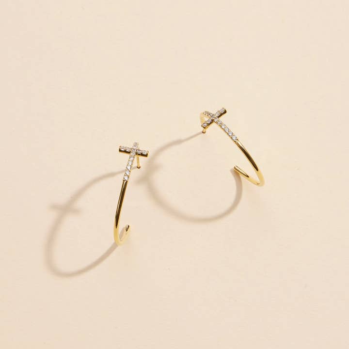 Gold Dip Cross Open Hoop Earrings