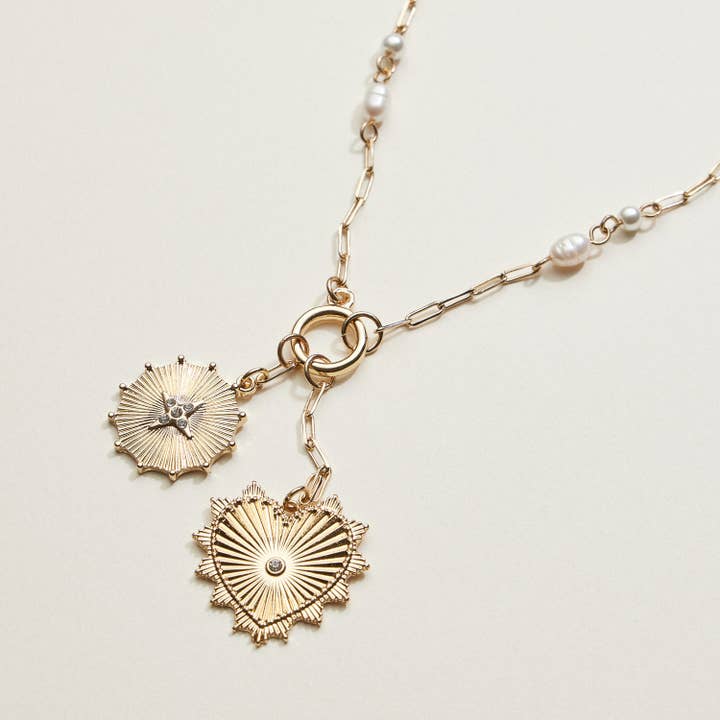 Pearl Chain Sun & Heart Necklace