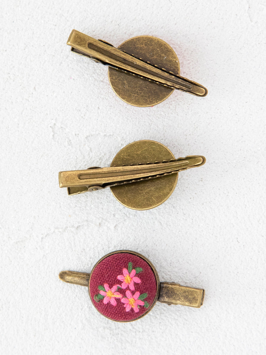 Natural Life Embroidered Button Hair Clips