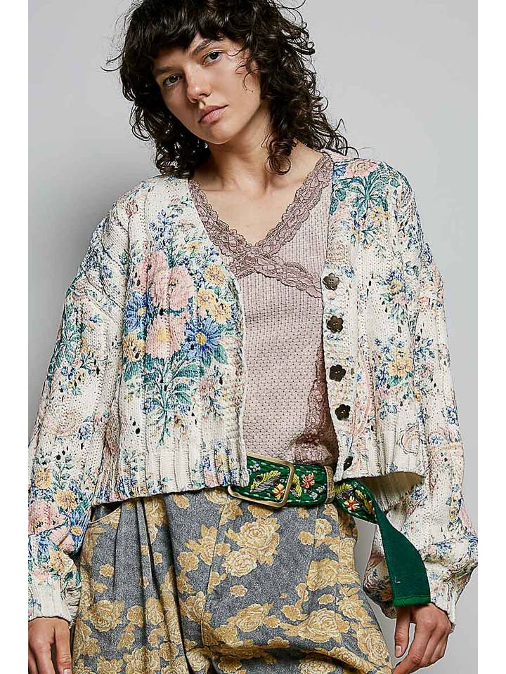 POL Floral Button Chenille Cardigan