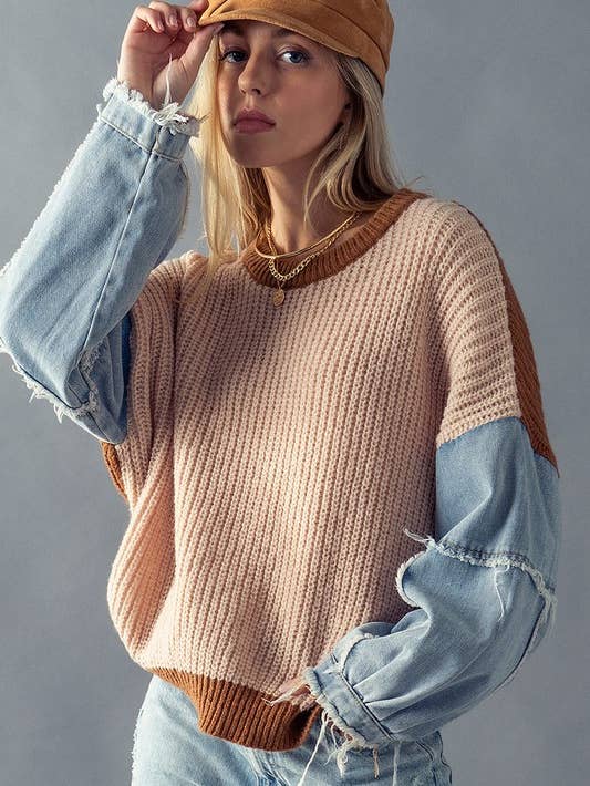Urban Daizy Denim Sleeve Two Tone Sweater
