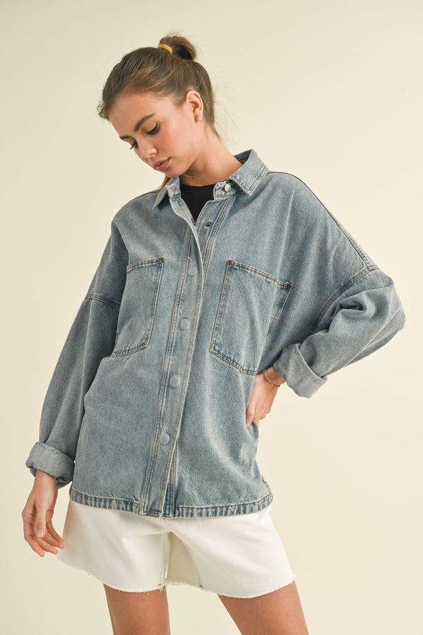 Miou Muse Washed Snap Button Denim Shacket