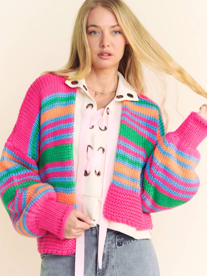 Davi & Dani Chunky Knit Striped Cardigan