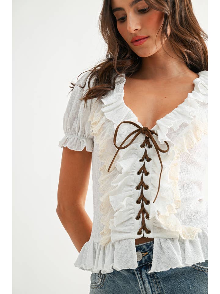 Camelia Ruffle Lace Up Top