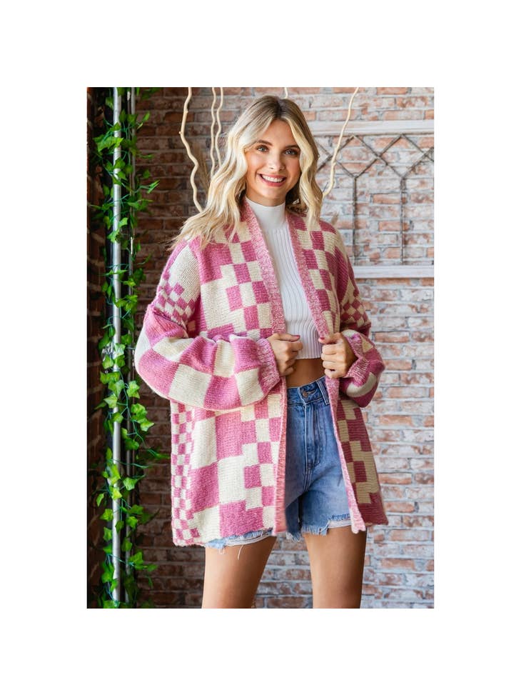 Veveret Checkered Open Cardigan
