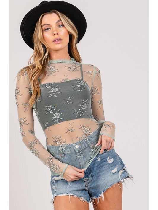 Mesh Longsleeve Floral Embroidered Mockneck Top