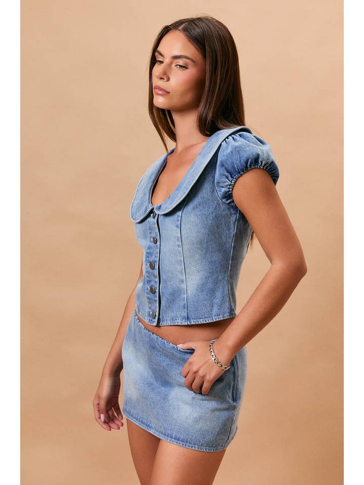 Le Lis Cap Sleeve Collard Denim Top
