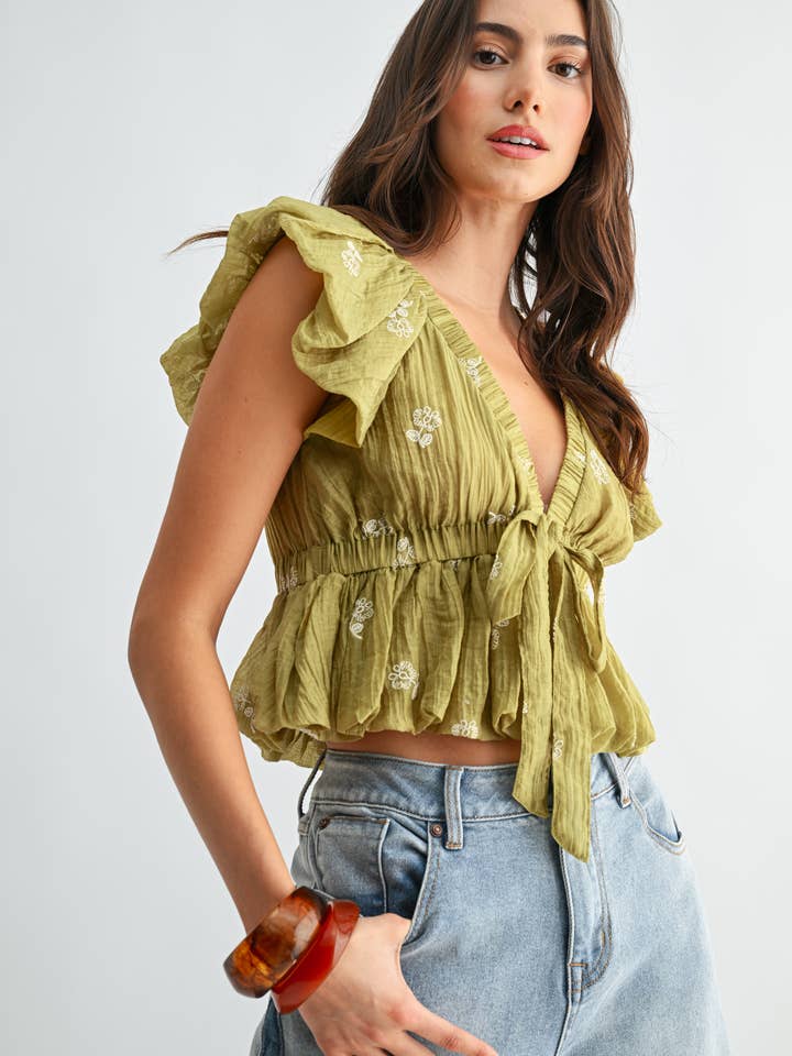 Camellia Embroidered Tie Waist Top