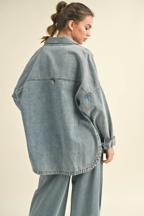 Miou Muse Washed Snap Button Denim Shacket