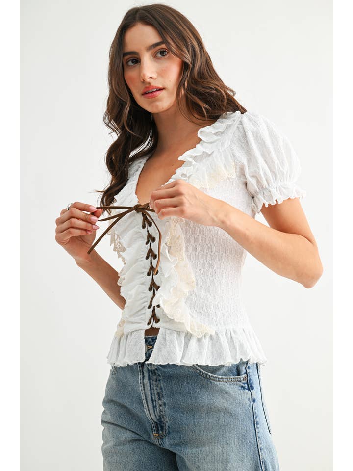 Camelia Ruffle Lace Up Top