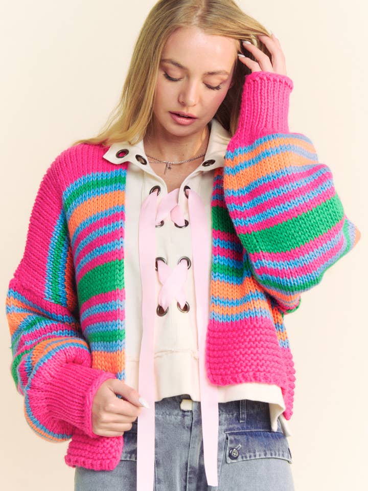 Davi & Dani Chunky Knit Striped Cardigan