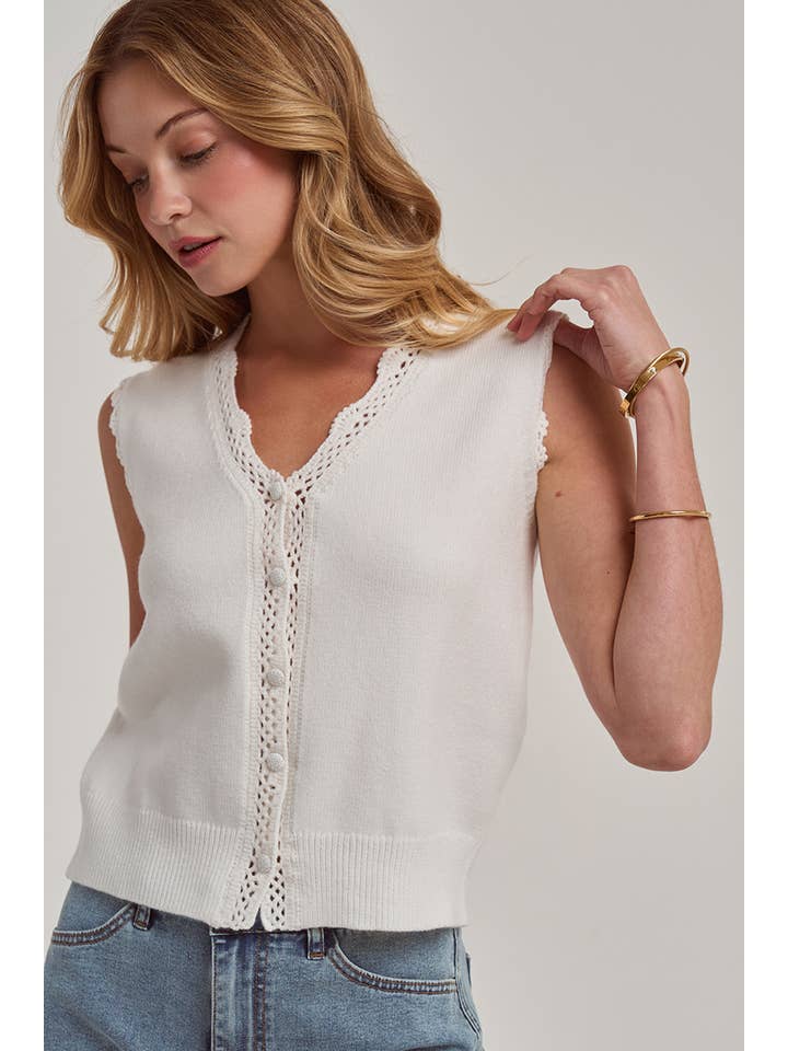 Lace Trim Button Front Sweater Vest