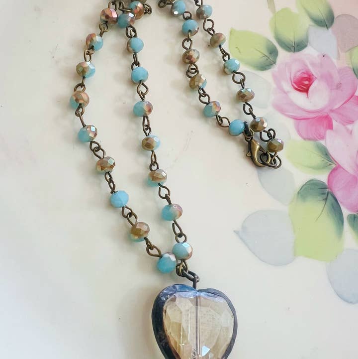 Soldered Topaz Clear Crystal Heart Necklace
