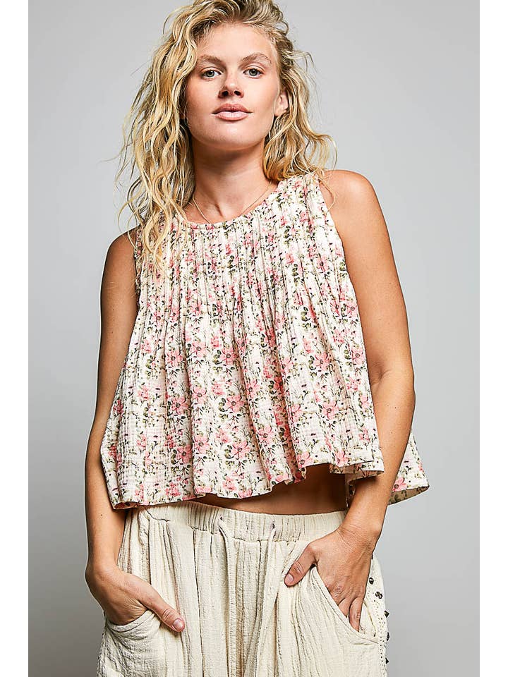 POL Pintuck Floral Sleeveless Top