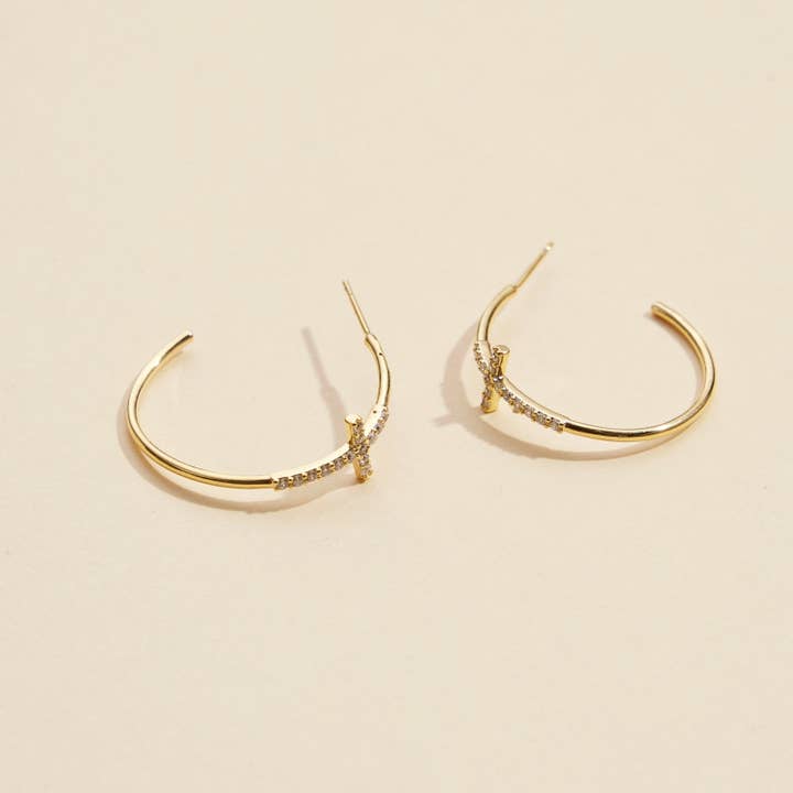 Gold Dip Cross Open Hoop Earrings