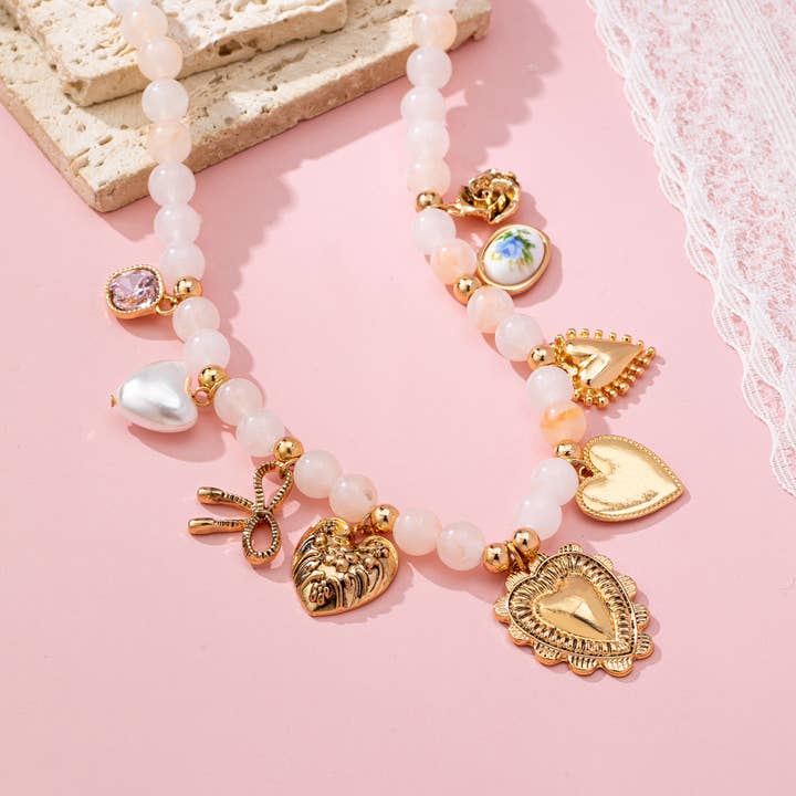 White Beaded Porcelain Heart Charm Necklace