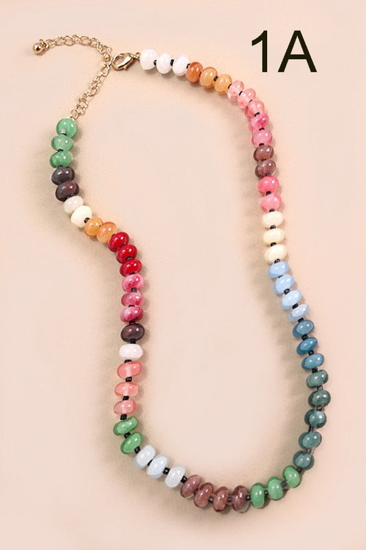 Natural Agate Glass Bead Necklace - Jewel Tones