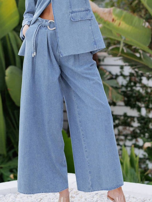 Endless Blu Pleated Waist Denim Wide Leg Pants