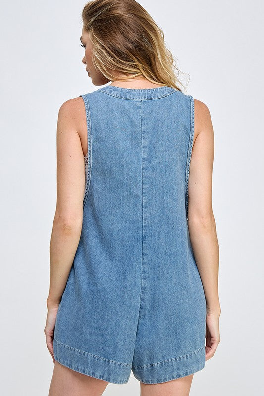 Miss Love Pleated Denim Romper