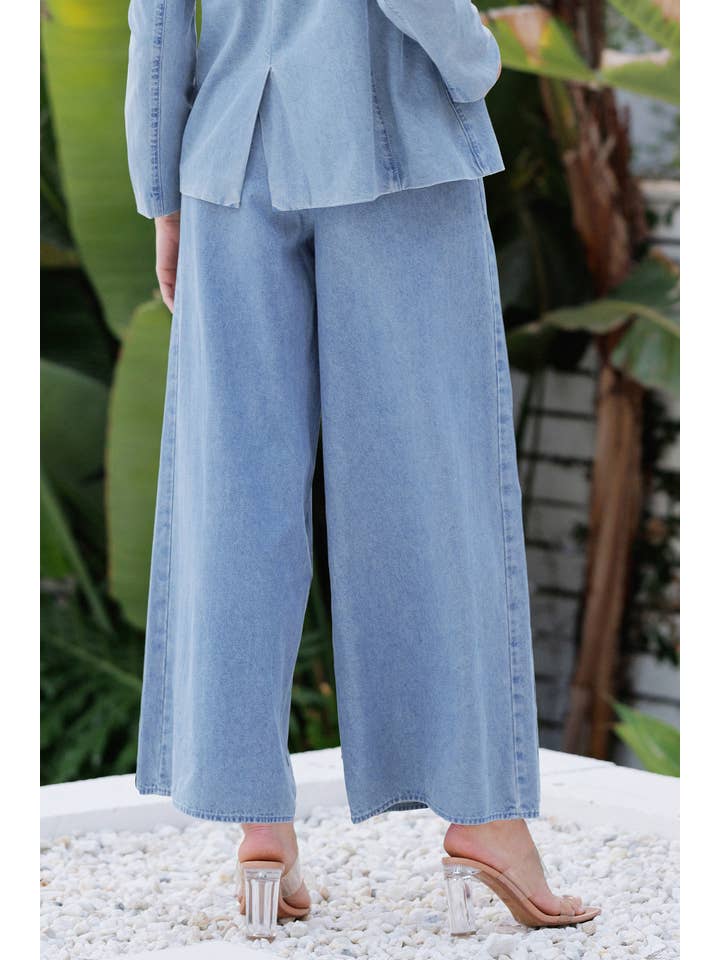 Endless Blu Pleated Waist Denim Wide Leg Pants