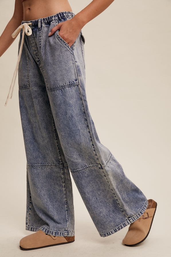 Listicle Wide Leg Denim Drawstring Pants