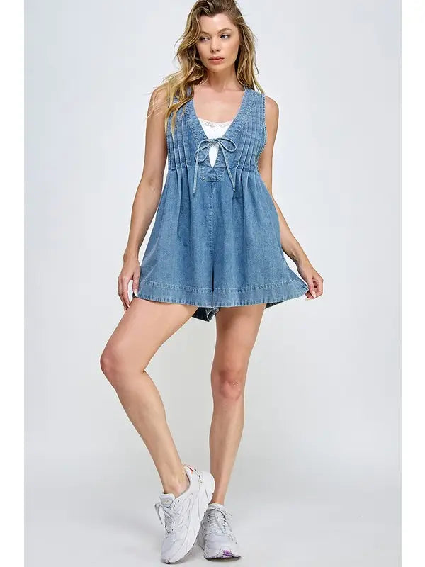 Miss Love Pleated Denim Romper