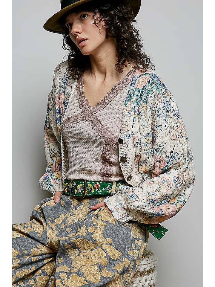 POL Floral Button Chenille Cardigan