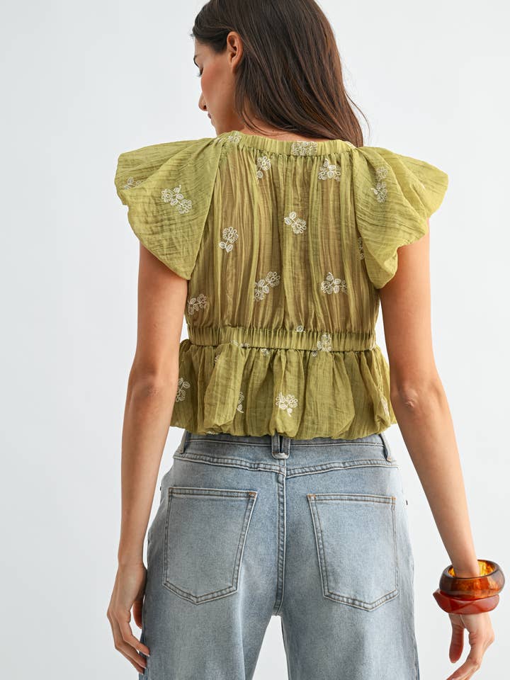Camellia Embroidered Tie Waist Top