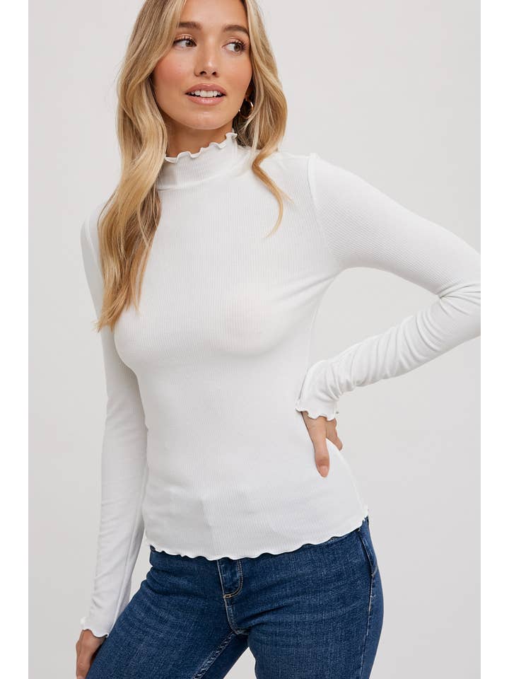 Bluivy Ribbed Knit Lettuce-Edge Mock Neck Top