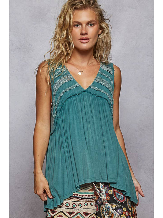 POL Sleeveless V Neck Babydoll Top