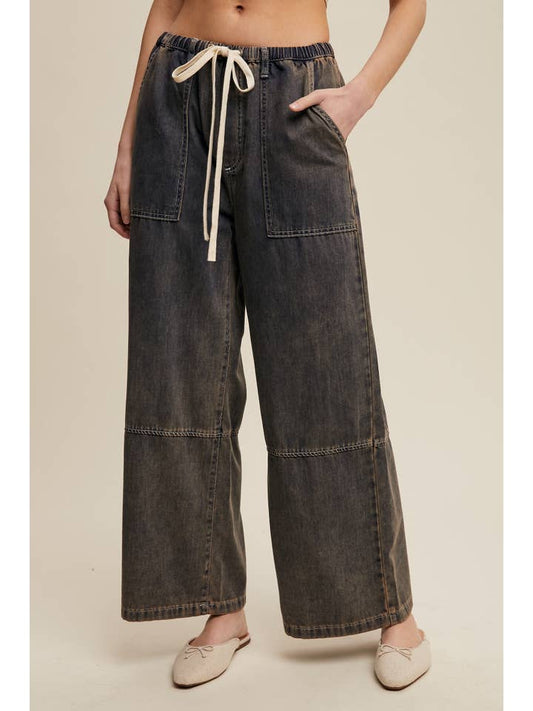 Listicle Wide Leg Denim Drawstring Pants