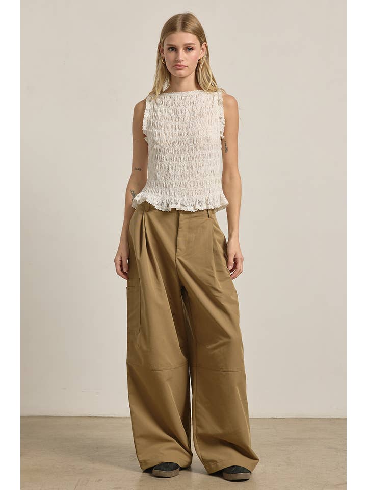 Smocked Lace Trim Sleeveless Top