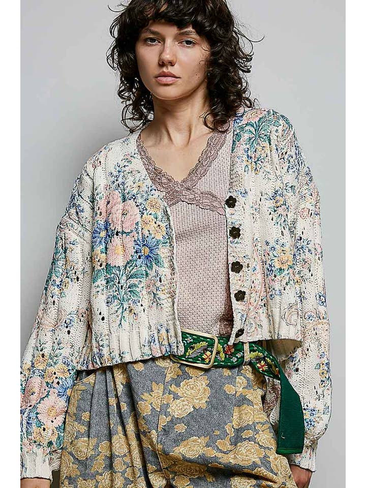 POL Floral Button Chenille Cardigan