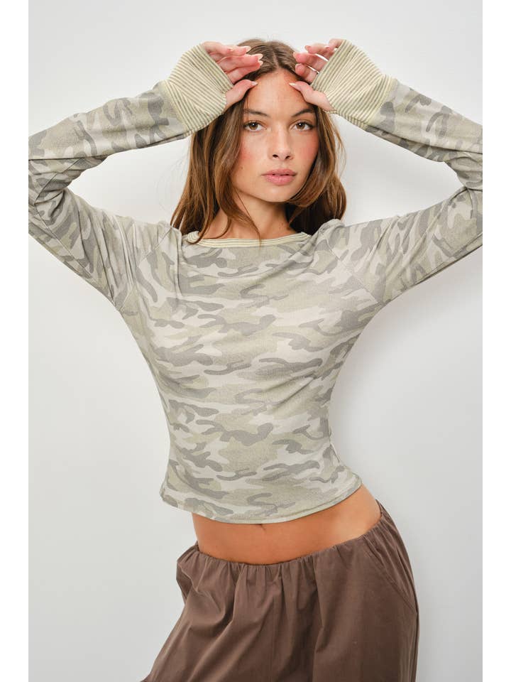 Pretty Garbage Cameron Grey Washed Camo Long Sleeve