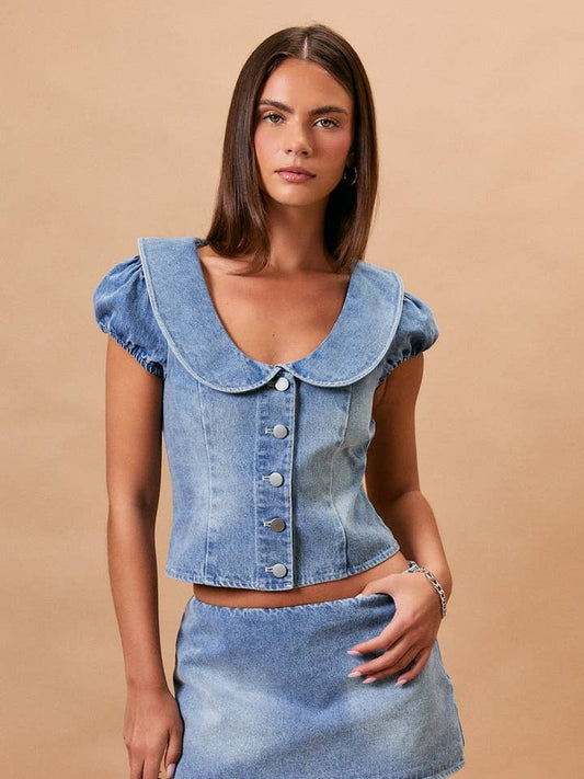 Le Lis Cap Sleeve Collard Denim Top