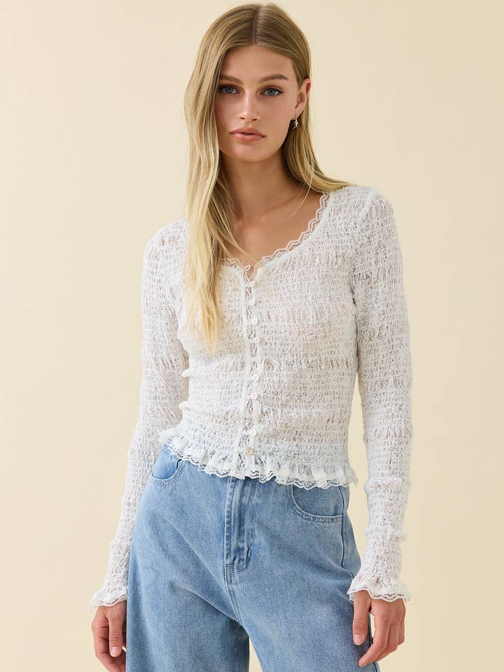 Romantic Smocked Knit Button Top