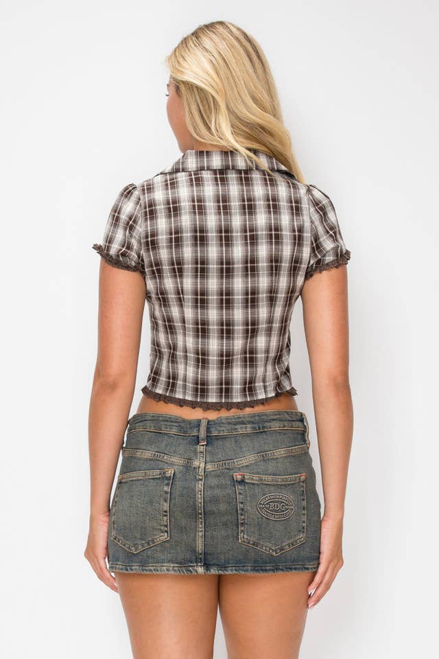 Nectar Clothing Plaid Lace Trim Blouse