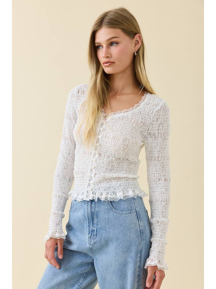 Romantic Smocked Knit Button Top