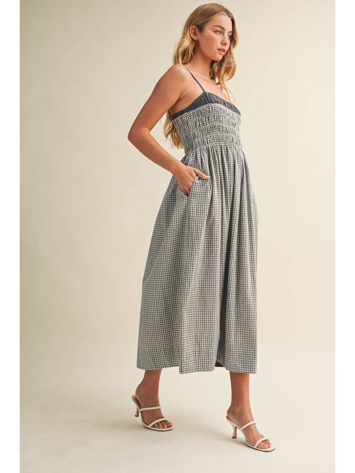 Mustard Seed Gingham Shirred Midi Dress