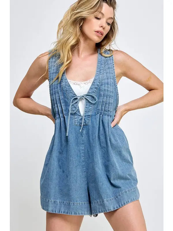 Miss Love Pleated Denim Romper