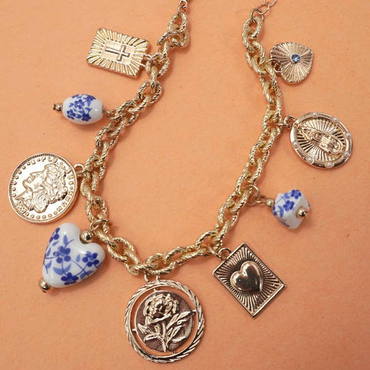 Blue Ceramic Coin Charm Bracelet