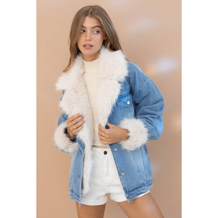 Blue B Fur Collared Washed Denim Jacket