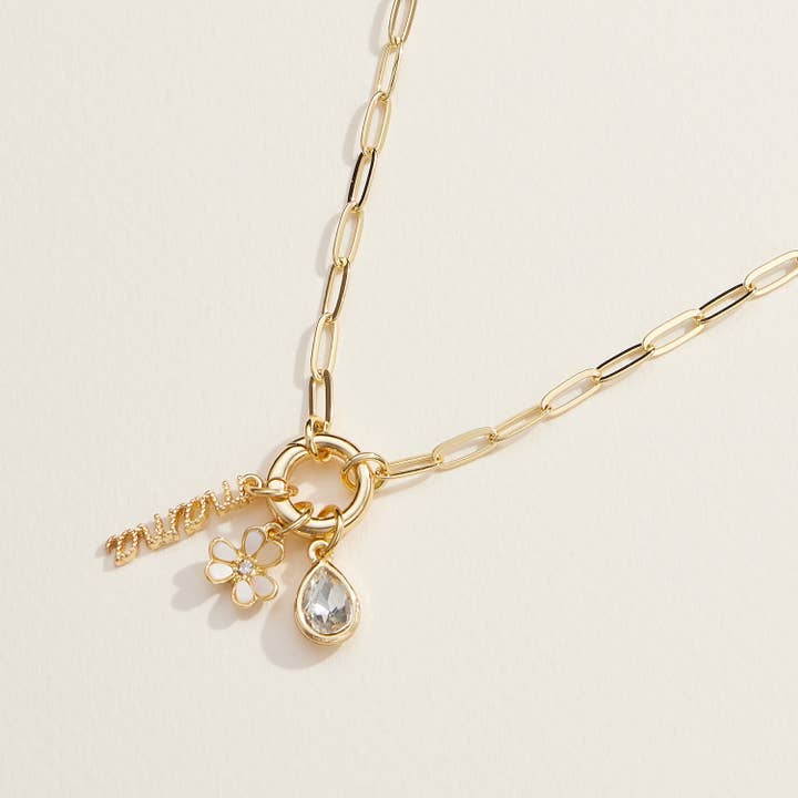 Mama Floral Charm Paperclip Chain Necklace