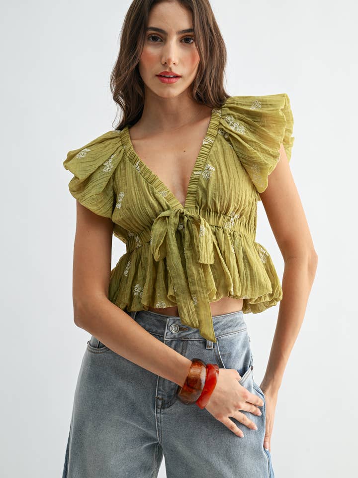 Camellia Embroidered Tie Waist Top